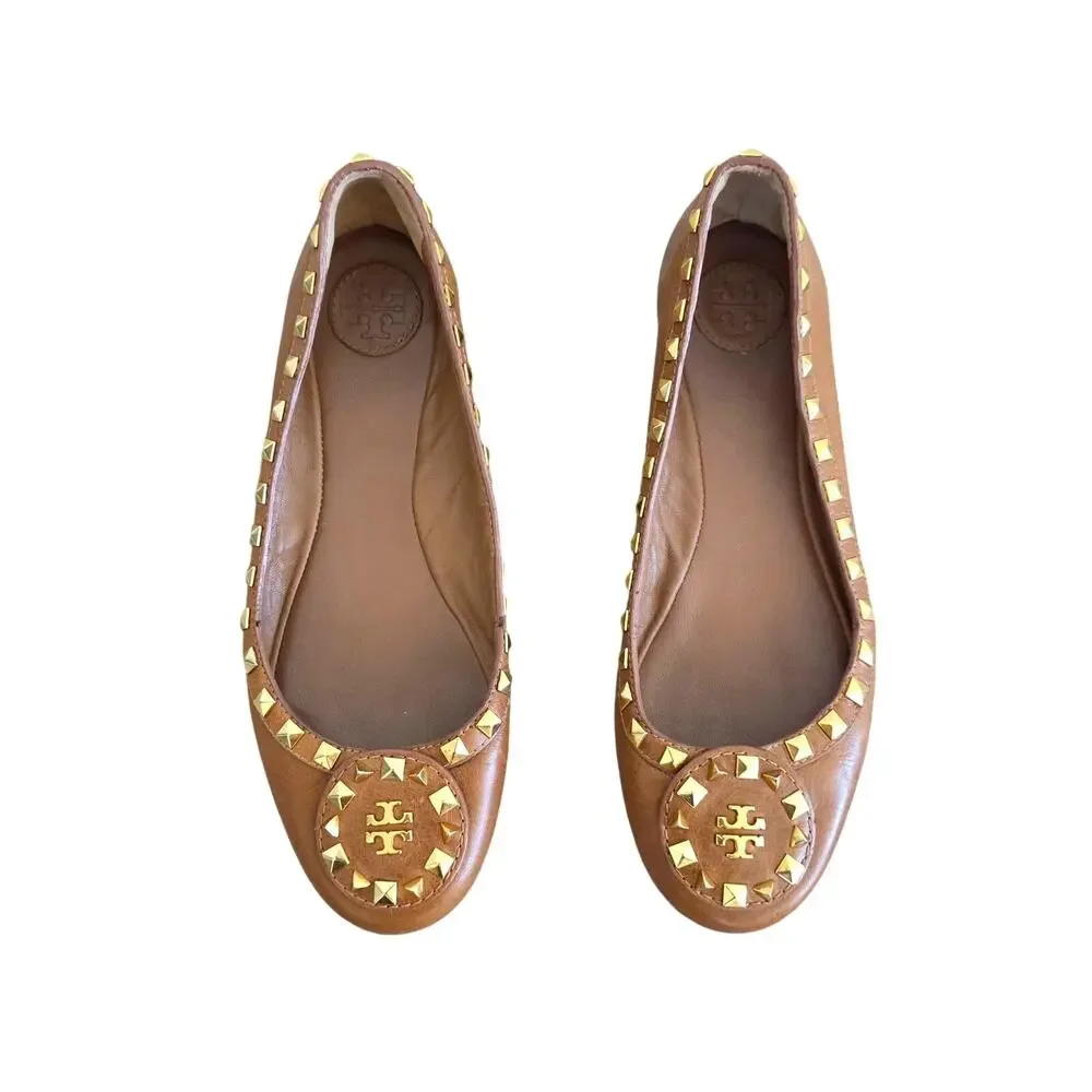 Tory Burch Royal Tan  & Gold Studded Leather Dale Ballet Flats Size Size 7.5M